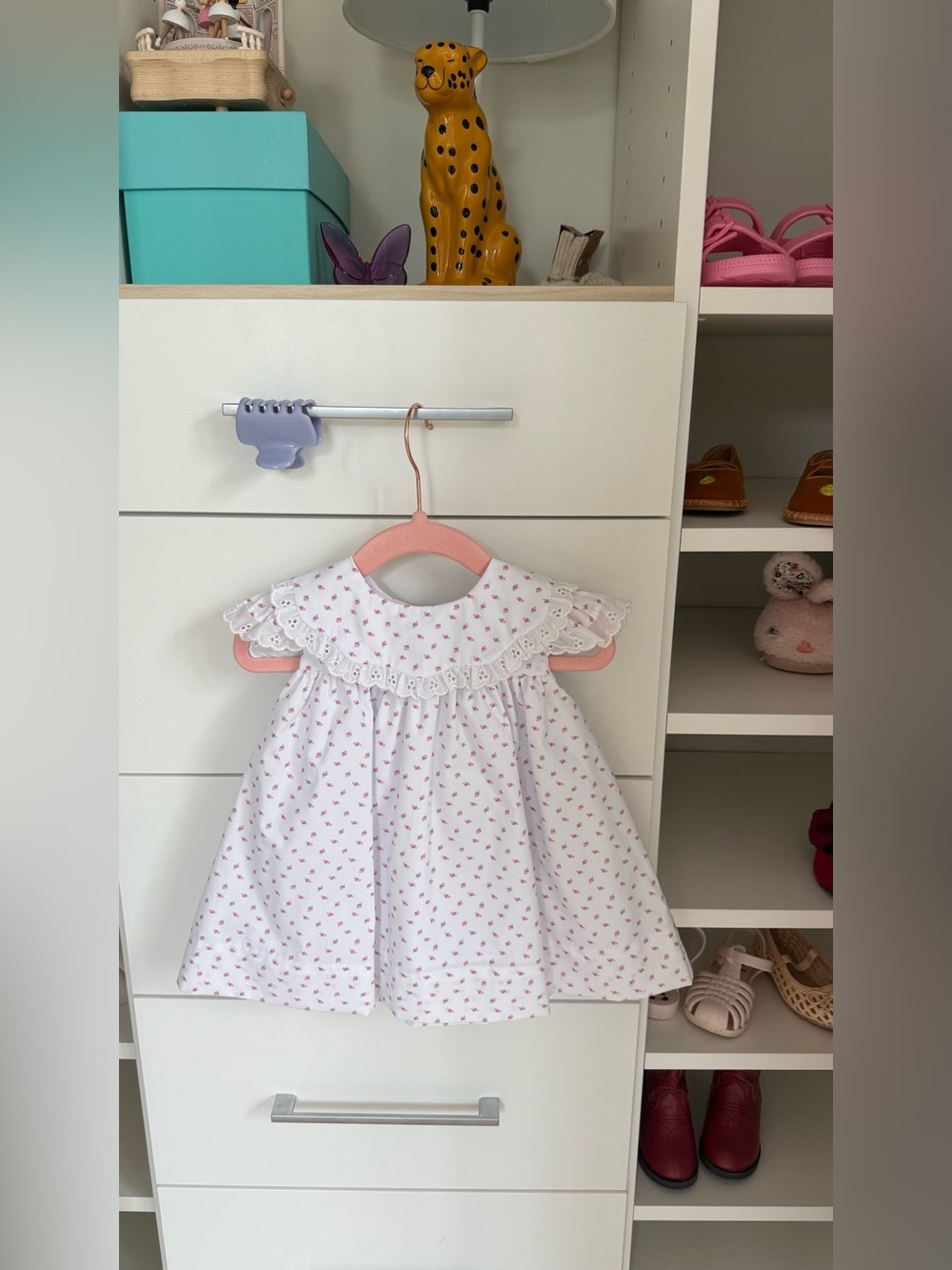 The Beaufort Bonnet Company   NWT White Dress with Pink Floral Eyelet Collar